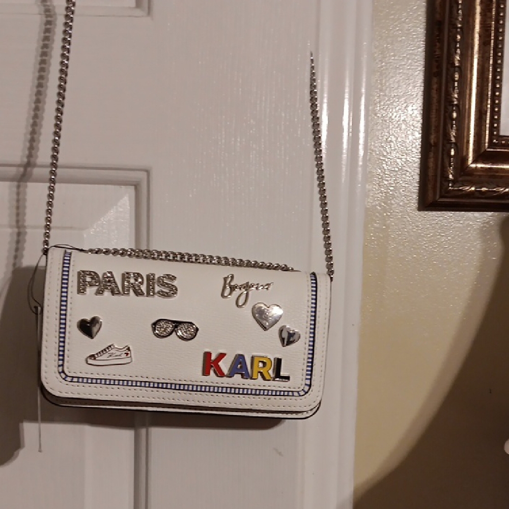White Crossbody Bag with Chain Strap and Embellishments